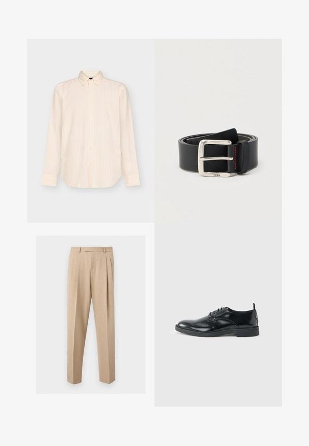 Chemise beige à manches longues boutonnée avec des rayures verticales subtiles et un col classique, présentée sur un fond clair uni.; Pantalon beige sur mesure avec plis sur le devant, passants de ceinture et jambes droites, présenté sur un fond clair et uni.; Chaussure habillée en cuir noir brillant avec un petit talon, fermeture à lacets et bout rond, vue de côté sur un fond uni et clair.; Ceinture en cuir noir enroulée avec une boucle rectangulaire argentée ornée d'une petite gravure "HUGO" et un détail de couture rouge près de la boucle.