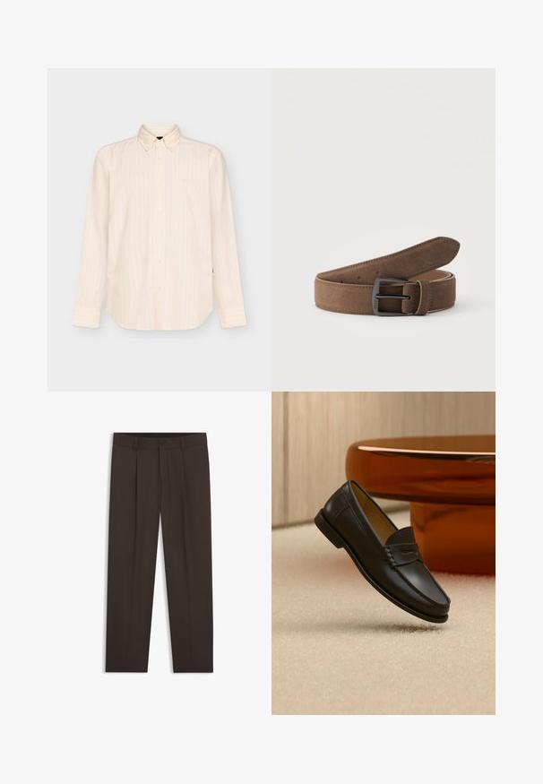 Chemise beige à manches longues boutonnée avec des rayures verticales subtiles et un col classique, présentée sur un fond clair uni.; Pantalon formel noir avec passants pour ceinture, fermeture par bouton à l'avant et plis nets le long de chaque jambe, posé à plat sur un fond blanc.; Chaussure mocassin en cuir noir suspendue au-dessus d’un tapis beige avec du mobilier moderne couleur ambre en arrière-plan.; Ceinture en daim marron avec boucle métallique noire enroulée sur un fond clair uni.