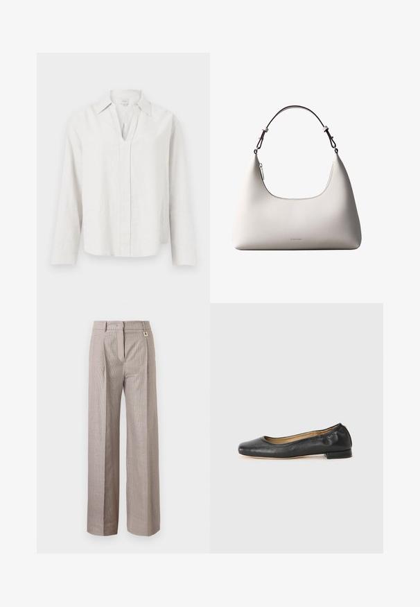 Chemise blanche à manches longues avec une fente en V et un col, affichée à plat sur un fond blanc uni.; Pantalon taille haute à jambes larges avec un motif à carreaux beige et marron, plis sur le devant, passants pour ceinture, et fermeture avant dissimulée.; Ballerines en cuir noir avec un bout arrondi et des coutures minimales. Talon bas et rectangulaire avec une texture lisse. Détails subtils de doublure intérieure.; Sac à bandoulière en cuir couleur crème de Calvin Klein avec bord supérieur incurvé, fermeture éclair argentée et sangle ajustable brun foncé.