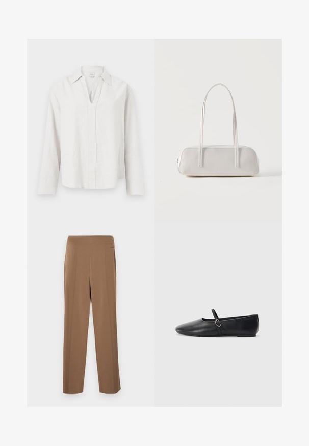 Chemise blanche à manches longues avec une fente en V et un col, affichée à plat sur un fond blanc uni.; Pantalon marron ajusté avec une texture lisse, doté d'une taille haute, de jambes droites et de coutures frontales discrètes pour plus de détails.; Ballerines noires en cuir avec un bout pointu, une semelle plate et une petite sangle avec un détail de boucle en argent.; Sac d'épaule rectangulaire blanc avec des bretelles longues et fines, couture minimale, et fermeture éclair sur un fond uni.