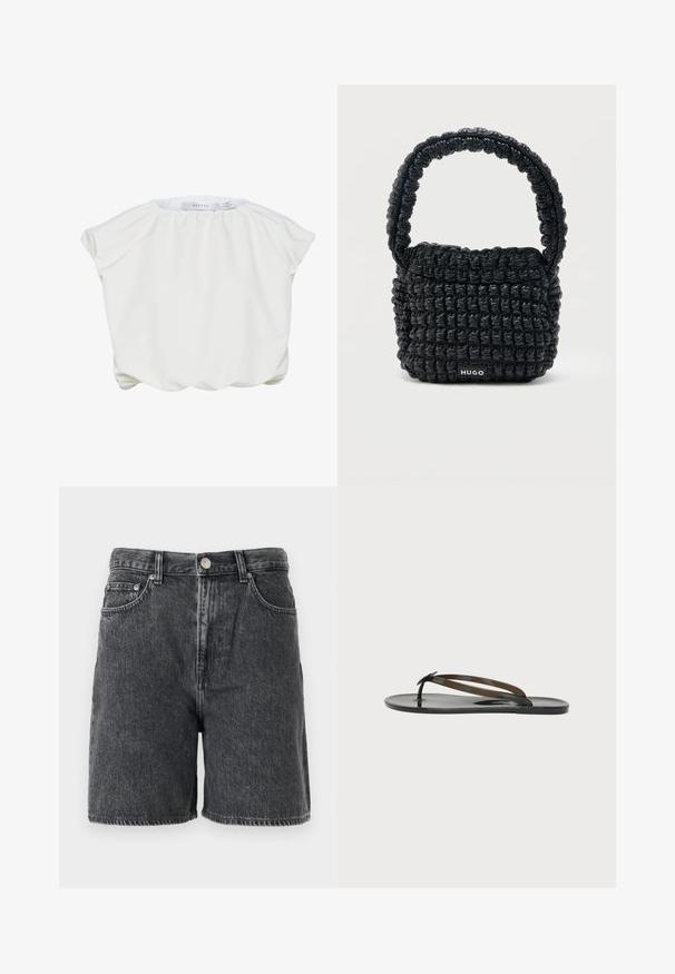 Blouse blanche avec une texture douce et lisse, un col froncé et des manches courtes et larges. Présente un ourlet arrondi et ample pour un ajustement décontracté.; Shorts en denim noir délavé avec passants de ceinture, bouton avant, fermeture éclair, et design classique à cinq poches.; Sandale plate noire brillante type tongs avec des fines brides croisées sur le pied et un entre-doigts sur un fond clair uni.; Petit sac à main noir matelassé avec une poignée courte rembourrée et une étiquette "HUGO" à l'avant, présenté sur un fond clair uni.