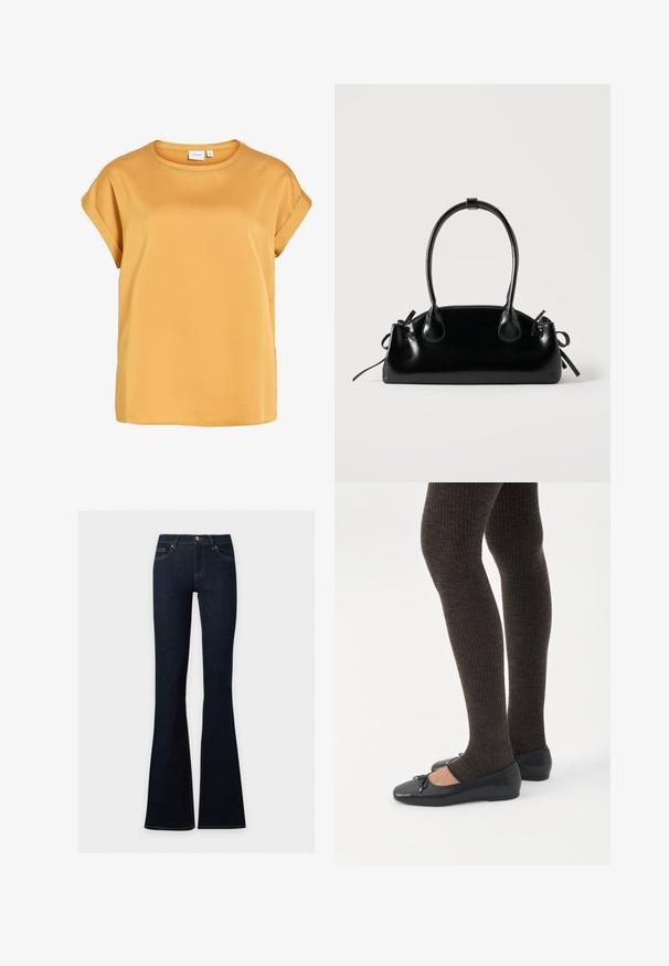 Blouse jaune moutarde à manches courtes avec poignets retroussés et encolure ronde, en tissu léger et lisse.; Jean en denim bleu foncé à taille haute, ajusté sur les hanches et les cuisses, évasé en bas.; Jambes portant des leggings côtelés foncés associés à des ballerines noires avec de petits détails en nœud sur fond blanc.; Petit sac à main noir brillant avec deux longues anses et des détails à cordon sur les côtés sur un fond clair uni.