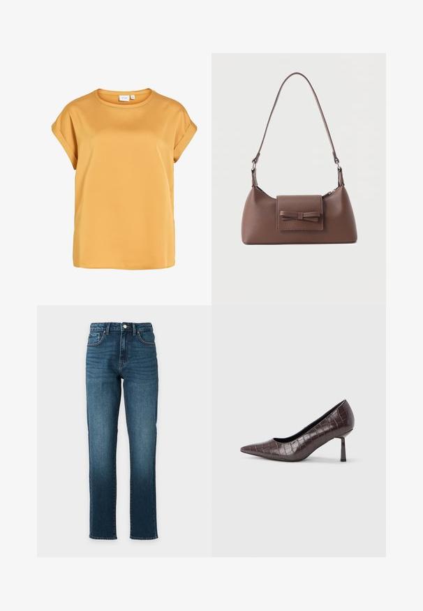 Blouse jaune moutarde à manches courtes avec poignets retroussés et encolure ronde, en tissu léger et lisse.; Jean droit en denim bleu avec fermeture à bouton et à glissière, cinq poches et un délavage subtil sur les cuisses, présenté sur un fond uni.; Escarpins à bout pointu en similicuir marron avec une texture crocodile, dotés d’un talon fin et angulaire ainsi que d’une doublure intérieure lisse.; Sac à bandoulière en cuir marron avec une poche à rabat avant ornée d'un détail en forme de nœud cousu et une sangle réglable.