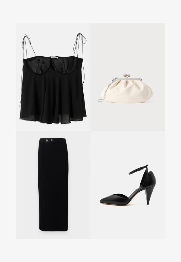 Schwarzes Top aus Satin und transparentem Stoff, mit einer strukturierten Büste mit abgerundeten Kanten, verstellbaren Bändern und einem ausgestellten Saum.; AERON FORUM - Bleistiftrock - black; Schwarzer Leder-Pumps mit spitz zulaufender Vorderkappe, Knöchelriemen und kegelstumpfförmigem Absatz vor weißem Hintergrund.; Cremefarbene Stoff-Clutch mit gerafftem Design, silbernem Metallrahmen, zwei dekorativen Kugeln und einem silbernen Kettenriemen.