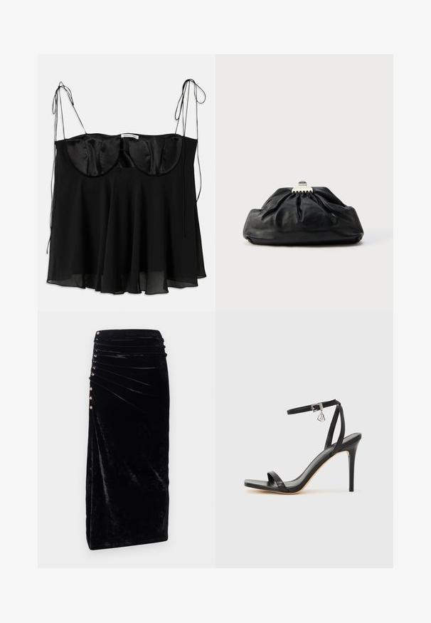 Schwarzes Top aus Satin und transparentem Stoff, mit einer strukturierten Büste mit abgerundeten Kanten, verstellbaren Bändern und einem ausgestellten Saum.; Rabanne Bleistiftrock - black; Schwarze High-Heel-Sandale mit schmalem Knöchelriemen, quadratischer Zehenbox, glattem Leder und metallischem Schnallenakzent.; Schwarze Leder-Clutch mit geraffter Textur, Metallverschluss und dezentem, auf der Vorderseite geprägtem Logo. Abgerundete Form.