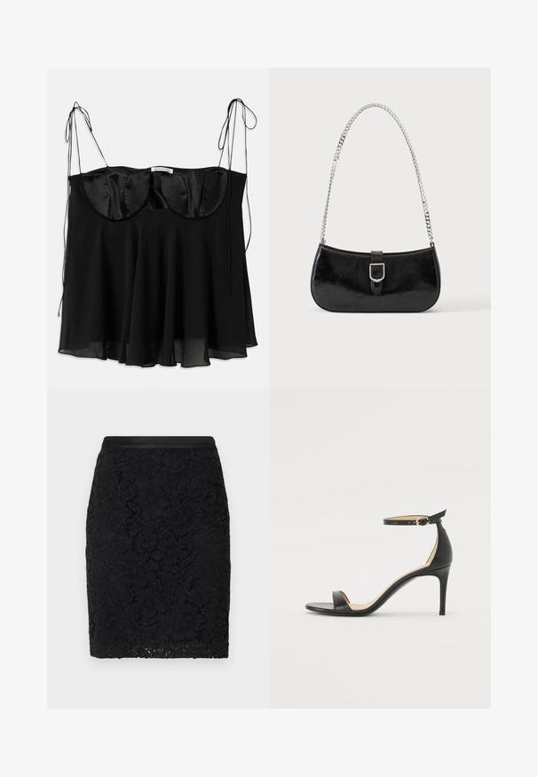 Schwarzes Top aus Satin und transparentem Stoff, mit einer strukturierten Büste mit abgerundeten Kanten, verstellbaren Bändern und einem ausgestellten Saum.; Schwarzer Spitzen-Bleistiftrock mit einem glatten Satinbund, der kunstvolle florale Muster und eine schlanke Passform aufweist.; Schwarze Leder-high-heeled Sandale mit Knöchelriemen. Verfügt über eine glatte Textur, offene Zehen und einen dünnen Absatz. Goldfarbener Schnallenakzent.; Schwarze Schultertasche aus Lackleder mit silberner Schnalle und silbernem Kettenriemen, auf hellem einfarbigen Hintergrund präsentiert.
