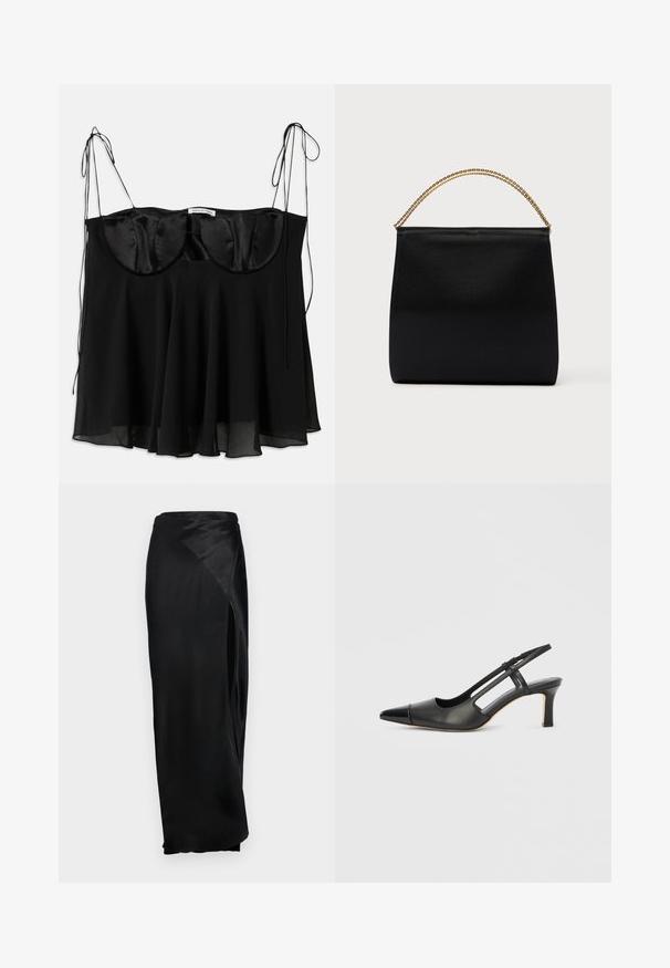 Schwarzes Top aus Satin und transparentem Stoff, mit einer strukturierten Büste mit abgerundeten Kanten, verstellbaren Bändern und einem ausgestellten Saum.; Schwarzer Satin-Maxirock mit seitlichem Schlitz, glatter Textur und drapierter Gestaltung. Verfügt über eine hohe Taille und eine fließende Silhouette.; Schwarzer Slingback-Schuh aus Leder mit spitz zulaufender Zehenpartie, versehen mit glänzendem Akzent auf der Vorderkappe und mittelhohem Absatz. Offenes Seitendesign.; Schwarze Tasche aus glattem Stoff mit strukturierter Form, einem Griff aus goldener Kette und minimalistischem, geometrischem Design.