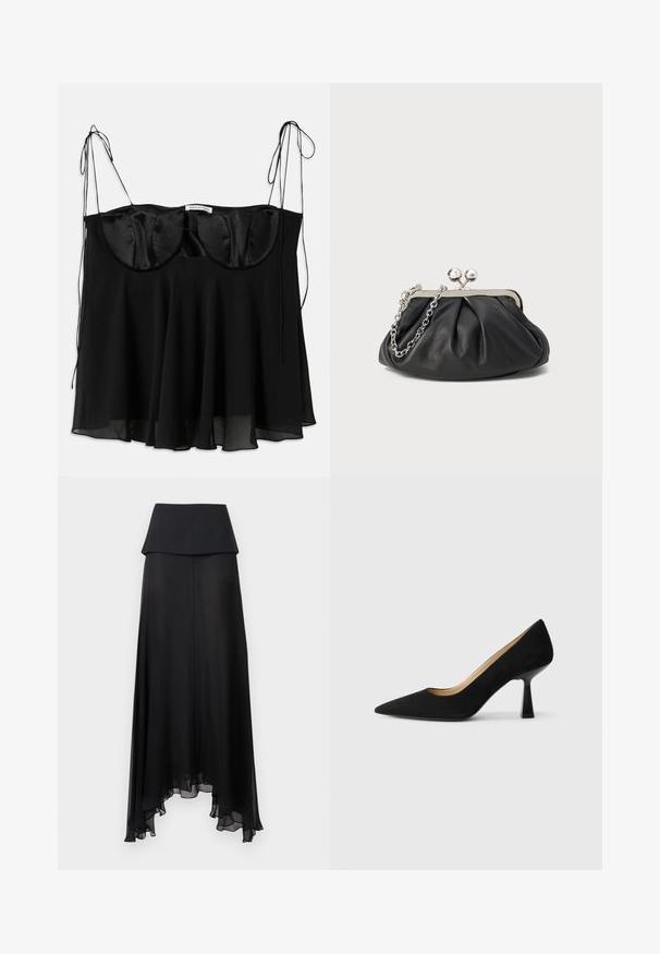 Schwarzes Top aus Satin und transparentem Stoff, mit einer strukturierten Büste mit abgerundeten Kanten, verstellbaren Bändern und einem ausgestellten Saum.; Schwarzer Maxirock mit hoher Taille, schichtweisem Taillenbund und asymmetrischem, transparentem Saum mit weichen Rüschen.; Schwarze Wildleder-Pumps mit hohem Absatz und spitzer Zehenform, ausgestattet mit einem glänzenden schwarzen Blockabsatz und einem glatten Innenfutter.; Schwarze Leder-Clutch mit geraffter Textur, silberfarbener Metallrahmen, Druckverschluss und Kettenriemen. Glatte, weiche Oberfläche.