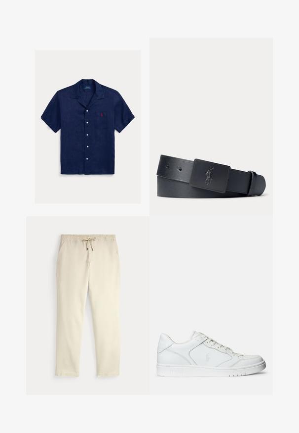 Marineblaues Leinenhemd mit kurzen Ärmeln, einem Camp-Kragen, einer Brusttasche, weißen Knöpfen und einem rot bestickten Logo auf der Brust.; Beige legere Hosen mit elastischem Bund und Kordelzug, gerade Hosenbeine und seitlichen Taschen vor einem einfarbigen Hintergrund.; Weißer Ledersneaker mit glatter Textur, ausgestattet mit einer perforierten Zehenpartie, Schnürverschluss und gesticktem Logo an der Seite. Weiße Gummisohle.; Schwarzer Ledergürtel mit einer schwarzen, rechteckigen Schnalle mit eingeprägtem Polo-Spieler-Logo.