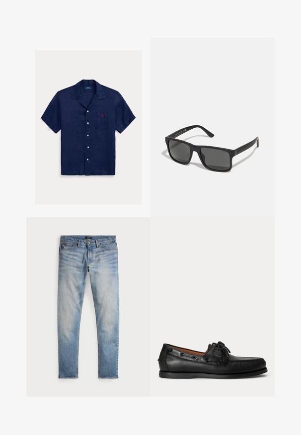 Marineblaues Leinenhemd mit kurzen Ärmeln, einem Camp-Kragen, einer Brusttasche, weißen Knöpfen und einem rot bestickten Logo auf der Brust.; Helle blaue Denim-Jeans mit einem ausgewaschenen Finish, Fünf-Taschen-Design und kontrastierenden Nähten. Mit Reißverschluss und Gürtelschlaufen. Gerade geschnitten.; Schwarzer Ledermokassin mit Schnürdetail und flacher Gummisohle, seitlich auf hellem Hintergrund gezeigt.; Schwarze rechteckige Sonnenbrille mit dunklen Gläsern und matter Oberfläche. Enthält das eingeprägte "POLO"-Logo an den Bügeln und ein robustes Rahmendesign.