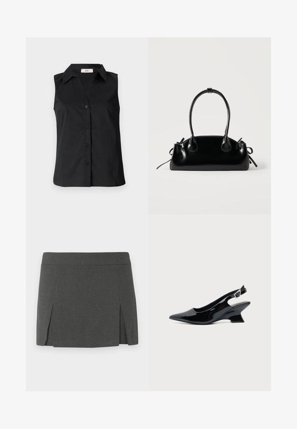 Chemise noire sans manches avec un devant à boutons, un col et une texture lisse. Design simple sans motifs ou accents supplémentaires.; Mini jupe grise avec une texture lisse, dotée d'une taille plate et de deux fentes sur le devant pour un détail supplémentaire. Design décontracté.; Chaussure slingback en cuir verni noir avec bout pointu et petit talon bloc incliné sur fond clair uni.; Petit sac à main noir brillant avec deux longues anses et des détails à cordon sur les côtés sur un fond clair uni.