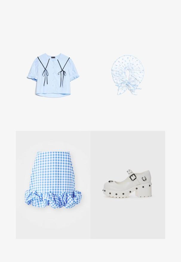 Hellblauen, verkürzten Bluse mit puffartigen kurzen Ärmeln, schwarzen Schleifen vorne, perlenähnlichen Knöpfen und einem breiten Kragen.; Himmelblau-weißer Karottenrock mit rüschigem Saum. Hat eine körpernahe Silhouette und einen weichen Stoff. Das Muster besteht aus kleinen karreeförmigen Feldern.; Weiße Plateauschuhe mit abgerundetem Zehenbereich, Schnallenriemen und kreisförmigen Nieten. Texturierte Sohle mit leichtem Absatz und dekorativem Hardware-Detail.; Hellblauer Stoffkragen mit weißen Punkten, Rüschen und einer vorn gebundenen Schleife, entworfen als dekoratives Halsaccessoire.