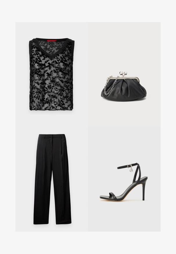 Haut noir sans manches avec un overlay en dentelle florale transparente, design en V, et bord noir le long de l'encolure et des emmanchures.; Pantalon large noir en tissu lisse, avec des plis avant, des passants de ceinture et une fermeture éclair.; Sandale à talon haut noire avec une bride étroite à la cheville, bout carré, cuir lisse et accent de boucle métallique.; Porte-monnaie en cuir noir avec texture froncée, cadre en métal argenté, fermeture à verrouillage kiss-lock et bandoulière en chaîne. Surface lisse et douce.