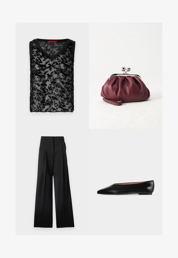 Haut noir sans manches avec un overlay en dentelle florale transparente, design en V, et bord noir le long de l'encolure et des emmanchures.; Pantalon noir sur mesure à coupe large, doté de plis sur le devant, passants pour ceinture et d'une texture de tissu lisse.; Chaussure plate en cuir noir pour femme, avec bout pointu et petit talon, vue de côté sur un fond gris clair uni.; Petit sac pochette en cuir bordeaux avec fermoir métallique argenté et bracelet sur fond blanc.