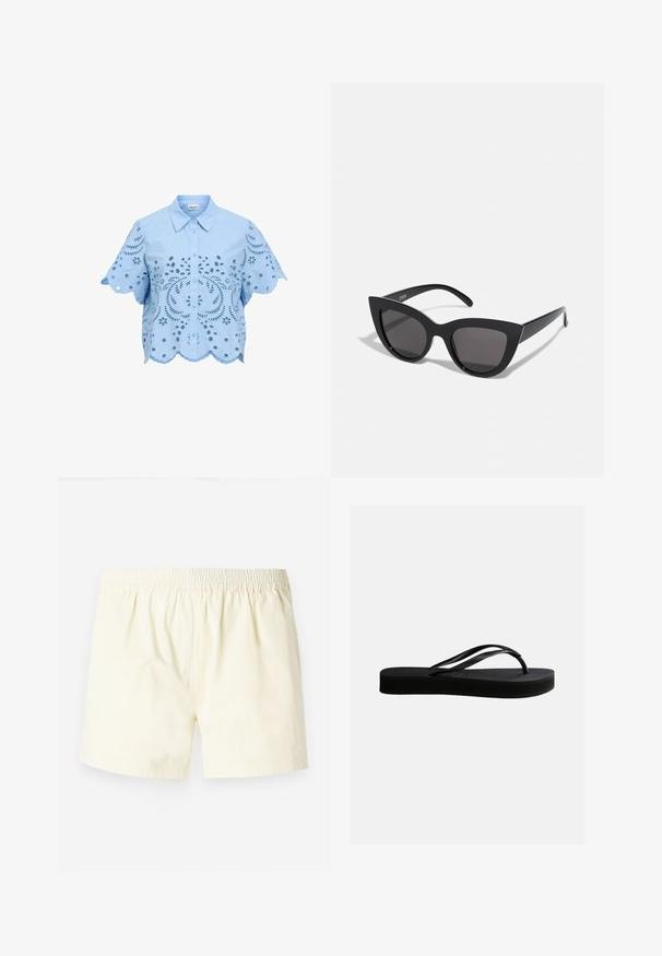 Chemisier bleu clair à manches courtes avec boutons, motifs floraux en découpe ajourée et ourlet ainsi que manches festonnés.; Shorts en coton jaune clair avec une taille élastique, présentant une coupe décontractée et une texture lisse, sans motifs ni accents visibles.; Tongs en caoutchouc noir avec semelle texturée et bride en forme de Y, vues de côté sur un fond clair uni.; Lunettes de soleil noires en forme d'œil de chat avec une finition mate, dotées de verres teintés gris, d'angles aigus et de branches élégantes. Nom de la marque visible sur la branche intérieure.