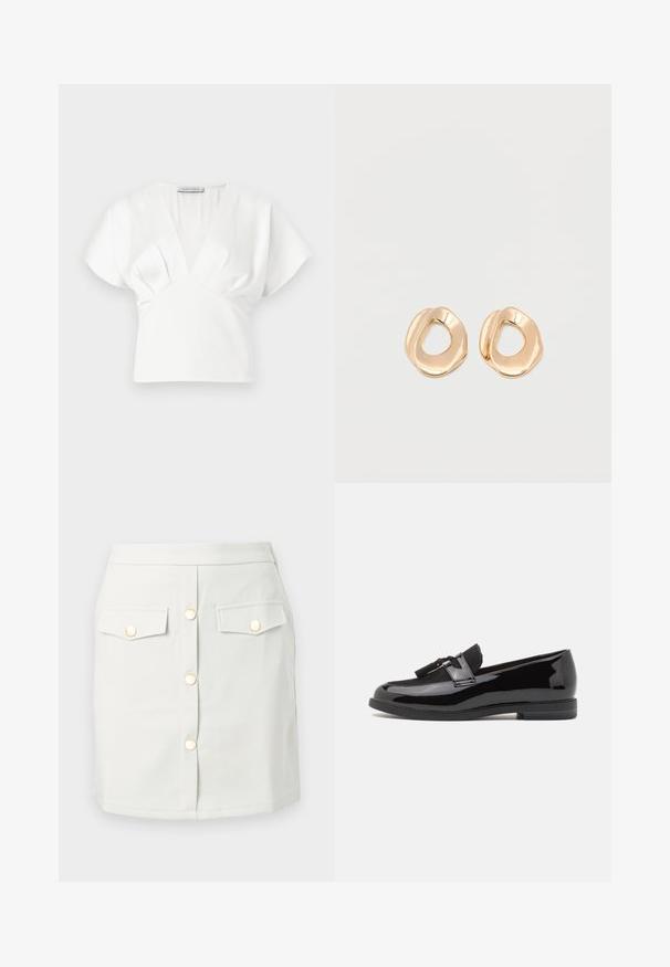 Haut blanc à manches courtes avec un décolleté en V et un design plissé. Fabriqué en tissu lisse, il présente une coupe structurée et un style minimaliste.; Mini-jupe blanche avec boutons-pression dorés à l'avant et deux poches à rabat ornées de boutons dorés, sur fond uni.; Mocassins en cuir verni noir avec un bout arrondi, une sangle décorative en daim noir et une semelle en caoutchouc plate. Texture lisse avec une finition brillante.; Paired boucles d'oreilles en métal doré poli de forme irrégulière avec un centre ouvert sur un fond blanc uni.