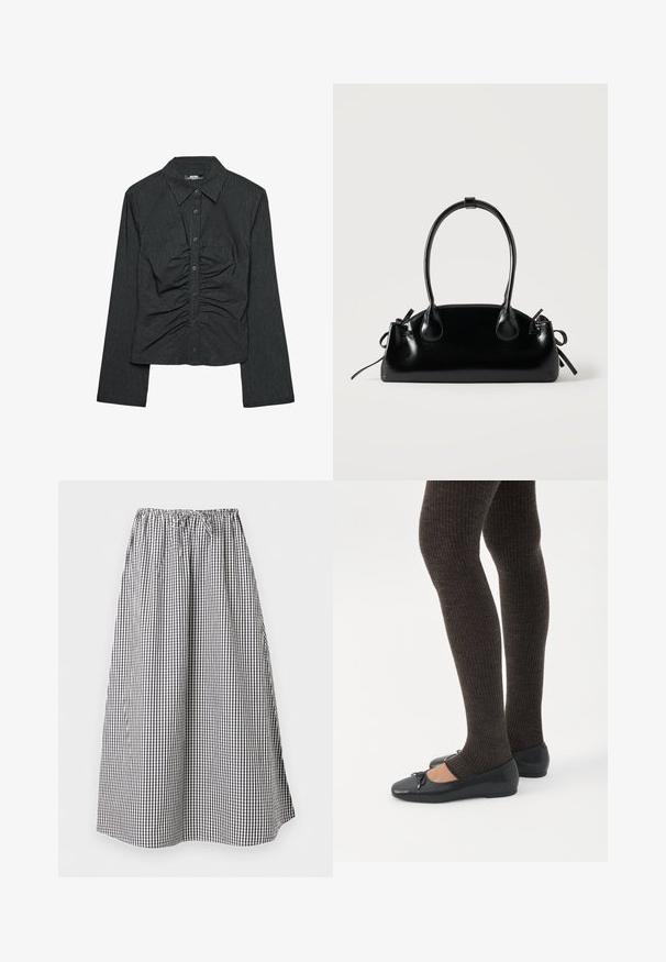 Chemise noire à manches longues avec des rayures blanches verticales, dotée d'un col, d'une fermeture à boutons et de détails en tissu froncé à l'avant.; Jupe longue en ligne A avec motif vichy noir et blanc et taille élastique avec cordon de serrage.; Jambes portant des leggings côtelés foncés associés à des ballerines noires avec de petits détails en nœud sur fond blanc.; Petit sac à main noir brillant avec deux longues anses et des détails à cordon sur les côtés sur un fond clair uni.