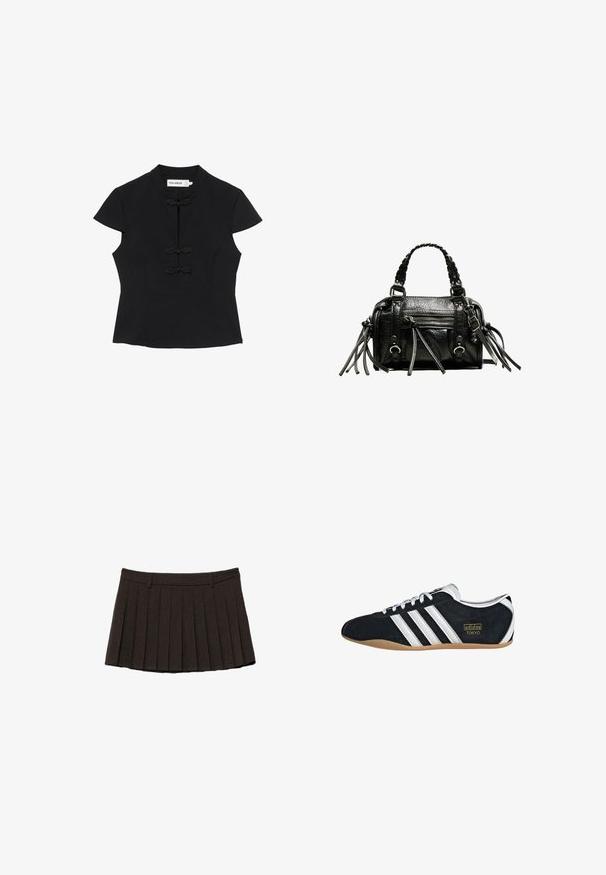 Blouse noire à manches courtes avec col mandarin et trois fermetures décoratives à boutons grenouille sur le devant.; Mini-jupe plissée noire avec passants de ceinture et ceinture structurée sur fond blanc.; Sneakers en suede noir avec trois bandes blanches, logo doré et semelle en caoutchouc marron. Présente un design à lacets à profil bas.; Sac à main en cuir noir avec poignées tressées, surface texturée, poche frontale zippée et accents de franges décoratives. Forme compacte et structurée.