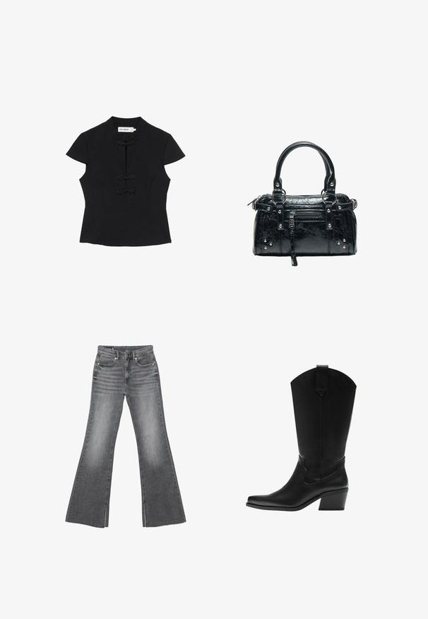 Blouse noire à manches courtes avec col mandarin et trois fermetures décoratives à boutons grenouille sur le devant.; Jean en denim gris délavé avec taille haute, bouton à l'avant et fermeture éclair, doté de jambes évasées larges et de poches avant et arrière.; Botte western en cuir noir mi-mollet avec bout pointu et talon bloc superposé, avec languette de tirage et coutures décoratives discrètes.; Sac à main en cuir noir avec deux poignées, poche avant zippée, clous argentés et surface texturée isolée sur fond blanc.