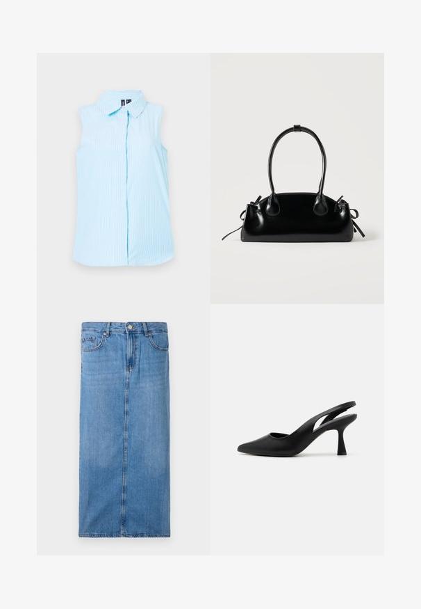 Heleheles sinine ilma varrukateta särk, millel on kaeluse jaotustükk, vertikaalsed valged triibud ja üks nupu sulgemine esiosas.; Heledsinine denim midi seelik, millel on sirge siluett, eesmine õmblus ja tavaline talje koos viie vöökohaga ja metallnupuga kinnitamine.; Mustad mustamatt slingback kingad terava varbaga, valmistatud siledast nahast. Omab lõikega disaini ja tugevat, kitsenevat kanna.; Väike must läikiv käekott kahe pika sangaga ja külgedel paelakinnitustega, ühel lihtsal helel taustal.