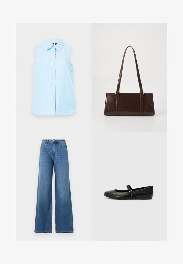 Camisa sin mangas de color azul claro con cuello tipo polo, rayas verticales blancas y un solo botón en el frente.; Vaqueros azules de talle alto y pierna ancha con bolsillos delanteros, trabillas para cinturón, cierre de botón y cremallera.; Bailarinas de cuero negro con punta redondeada, suela plana y una delgada correa ajustable en el empeine que cuenta con una hebilla de metal.; Bolso de mano de piel sintética marrón con forma rectangular, dos asas largas y sutiles acentos curvados en la parte delantera.