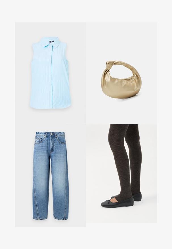 Camisa sin mangas de color azul claro con cuello tipo polo, rayas verticales blancas y un solo botón en el frente.; Vaqueros de denim azul claro de pierna recta, con cintura alta, cierre de botones y bolsillos delanteros y para monedas.; Piernas con leggings oscuros acanalados combinados con bailarinas negras que presentan pequeños detalles de lazo sobre un fondo blanco.; Bolso de metal dorado con una textura suave y brillante. Presenta un asa anudada y una forma redondeada y suave. Cierre de cremallera en la parte superior.