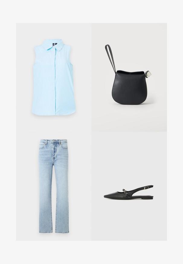Camisa sin mangas de color azul claro con cuello tipo polo, rayas verticales blancas y un solo botón en el frente.; Vaqueros de mezclilla de color azul claro con un diseño de pierna recta, que presentan una cintura alta, un estilo clásico de cinco bolsillos y un sutil desvanecimiento.; Zapatos slingback de cuero negro con punta afilada, que cuentan con una correa estrecha y un detalle de hebilla plateada en el lateral. Suela plana.; Bolso de muñeca de cuero negro con base redondeada y cierre plateado sobre un fondo blanco liso.