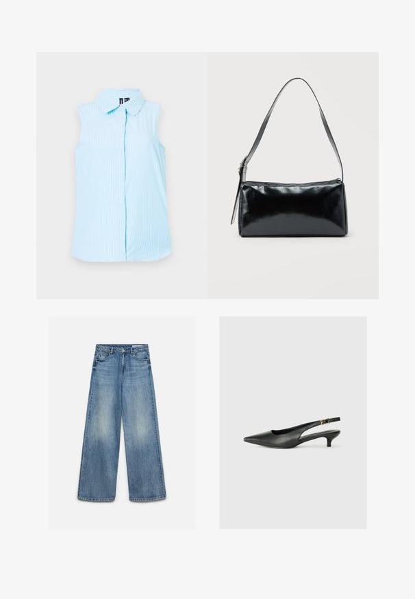 Himmelblaues, ärmelloses Hemd mit Kragen, vertikalen weißen Streifen und einer einzelnen Knopfverschluss vorne.; Blaue Jeans mit weitem Bein und verwaschenem Effekt vorne, vorderer Knopf, Reißverschluss und vordere Taschen mit Gürtelschlaufen.; Schwarzer Slingback-Schuh mit spitzem Zehenbereich aus glattem Leder. Mit einem dünnen Absatz und einer dekorativen Schnalle am verstellbaren Riemen.; Schwarze rechteckige Schultertasche mit einem verstellbaren Riemen und einem oberen Reißverschluss vor einfachem Hintergrund.