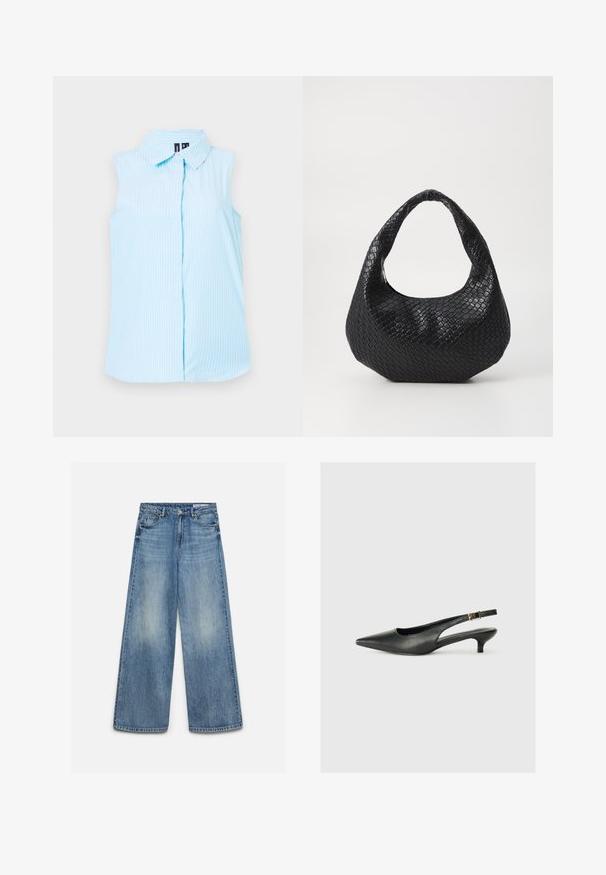 Lyseblå ærmeløs skjorte med krave, lodrette hvide striber og en enkelt knaplukning foran.; Blå vidde jeans med falmet effekt foran, forreste knap, lynlås og forlommer med bæltestropper.; Sorte spidse slingback-sko lavet af glat læder. Har en tynd hæl og en spænde detalje på den justerbare rem.; Sort flettet håndtaske med et buet håndtag, der har en struktureret overflade og en afslappet form. Glat finish med en organisk silhuet.