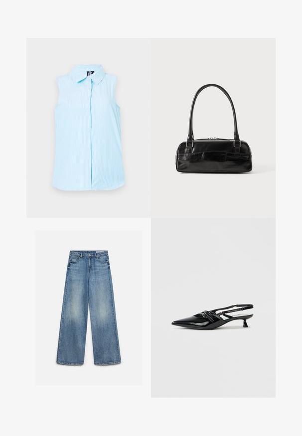 Himmelblaues, ärmelloses Hemd mit Kragen, vertikalen weißen Streifen und einer einzelnen Knopfverschluss vorne.; Blaue Jeans mit weitem Bein und verwaschenem Effekt vorne, vorderer Knopf, Reißverschluss und vordere Taschen mit Gürtelschlaufen.; Schwarzer Slingback-Schuh aus Lackleder mit spitzer Schuhspitze, kleinem Blockabsatz und verstellbarem Riemen mit Ausschnittdetails und Logoakzenten.; Schwarze Lederhandtasche in rechteckiger Form, mit einem stabilen Griff, silbernem Zubehör und Reißverschluss. Glatte Textur.