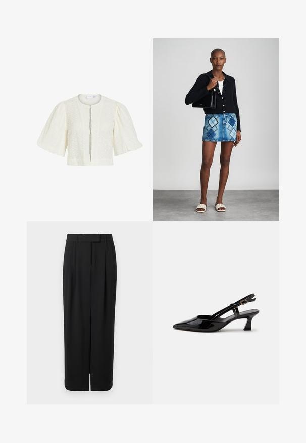 Blouse courte blanche en dentelle avec manches bouffantes courtes et col rond, comportant un motif floral subtil et un devant ouvert.; Pantalon noir taille haute à jambes larges avec un pli frontal, passants de ceinture, et une fermeture dissimulée sur fond blanc.; Chaussure slingback en cuir verni noir à petit talon, bout pointu et bride réglable avec boucle dorée sur fond blanc.; Un cardigan en maille noir, un haut blanc, une jupe en denim avec un motif de diamants bleus et noirs, un sac à main noir et des sandales à enfiler beiges.