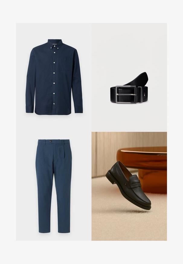 Mørkeblå langærmet skjorte lavet af letvægtsstof med knap-ned krave, forlommer og hvide knapper. Glat tekstur.; Tommy Hilfiger HARLEM STRUCTURE - Chino - desert sky; Sort læder herreloafer med bånd tværs over toppen, vist på beige tæppe nær et brunt moderne rundt bord.; Sort læderbælte med et rektangulært sølvfarvet metalspænde, glat tekstur og en logoaccent nær spænderet. Klassisk design.
