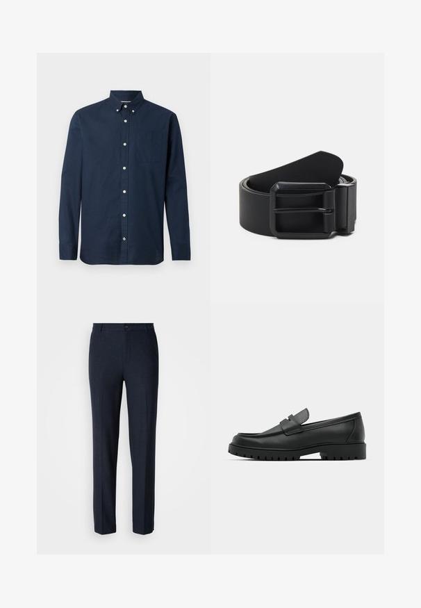 Navyblaues Langarmhemd aus leichtem Stoff mit Button-Down-Kragen, Brusttasche und weißen Knöpfen. Glatte Textur.; Marineblaue Hose aus einem glatten Stoff. Sie verfügt über ein gerades Bein-Design mit einem einzelnen Knopfverschluss und Standardtaschen.; Schwarze Lederloafer mit runder Zehenform, ausgestattet mit einem gesteppten Design, niedrigem Plattformsohle und einer strukturierten, genoppten Gummisohle.; Schwarzer Leder-Gürtel mit einer mattschwarzen metallischen Schnalle, die eine flache, glatte Oberfläche und ein verjüngtes Ende aufweist. Einfaches Design ohne Verzierungen.