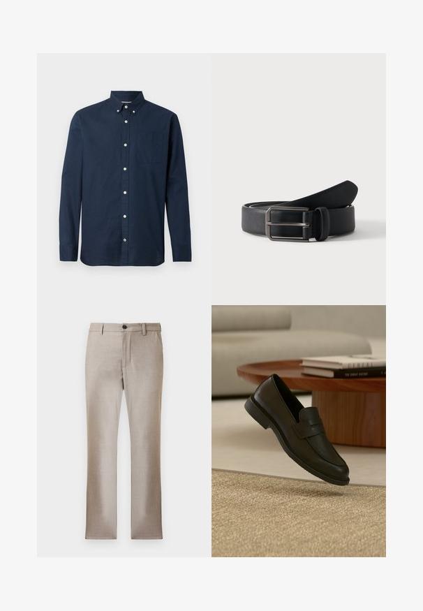 Camisa de manga larga de color azul marino hecha de una tela ligera, con cuello de camisa, bolsillo frontal y botones blancos. Textura suave.; Pantalones tailored beige con un tejido suave y ligero, cremallera y cierre de botón. Presentan dos bolsillos laterales y un diseño de pierna recta ajustada.; Zapato mocasín de cuero negro mostrado en el aire sobre una alfombra beige tejida, con una mesa de madera y libros apilados en una sala de estar con luz suave.; Cinturón de cuero negro enrollado con hebilla rectangular de metal plateado sobre un fondo claro y sencillo.