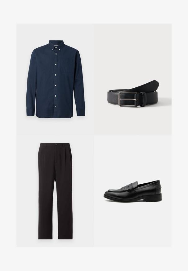 Navyblaues Langarmhemd aus leichtem Stoff mit Button-Down-Kragen, Brusttasche und weißen Knöpfen. Glatte Textur.; Schwarze, hoch taillierte, maßgeschneiderte Hose mit Falten, Knopfverschluss, Gürtelschlaufen und geraden Beinen auf einem schlichten hellen Hintergrund.; Schwarzer Leder-Herrenloafer mit Quasten-Detail, abgerundeter Spitze, niedrigem Absatz und glatter, polierter Oberfläche, von der Seite auf weißem Hintergrund dargestellt.; Schwarzer Ledergürtel, zusammengerollt mit rechteckiger silberner Metallschnalle auf schlicht hellem Hintergrund.