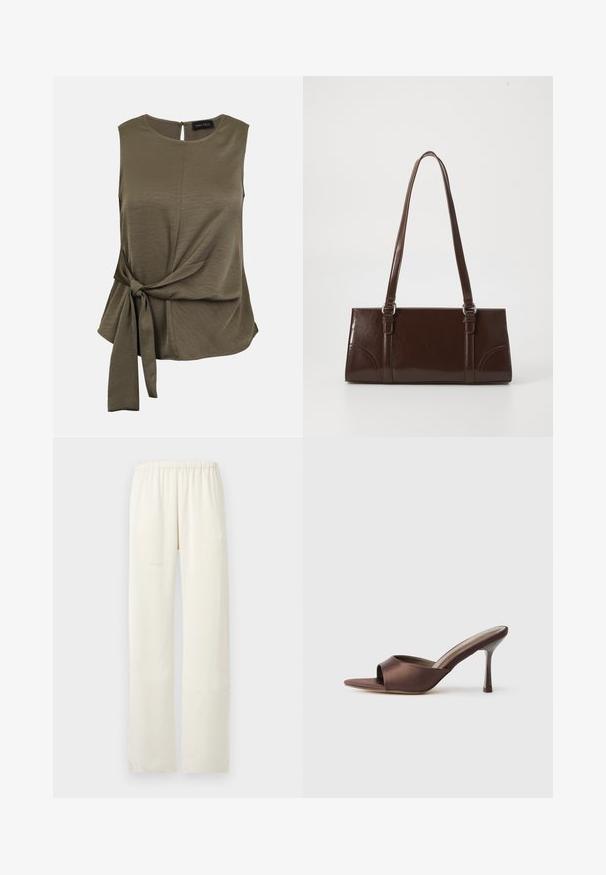 Blouse sans manches vert olive avec col rond et détail noué sur le côté, tissu légèrement texturé, fermeture par bouton avec ouverture en forme de goutte à l'encolure arrière.; Pantalon droit de couleur crème avec une ceinture élastique, sans poches visibles ni ornements.; Mule en satin marron à bout ouvert avec un talon fin de hauteur moyenne et une conception à enfiler sur fond blanc uni.; Sac à main en cuir verni marron de forme rectangulaire, avec deux longues poignées et des accents courbés subtils à l'avant.