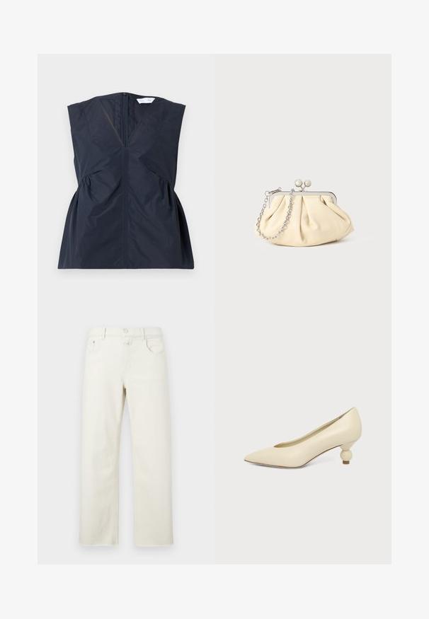Débardeur sans manches bleu marine avec un décolleté en V, fermeture éclair à l'avant et détails froncés sur les côtés. Fabriqué en tissu léger et lisse avec un éclat subtil.; Jean à jambes larges en denim blanc cassé, doté d'une fermeture à boutons, de cinq poches et d'une silhouette droite classique avec des détails de couture minimalistes.; Chaussure femme couleur crème à bout pointu avec un petit talon rond en forme de boule, sur fond uni.; Pochette en cuir beige plissé avec un cadre en métal argenté, dotée de deux fermoirs ronds décoratifs et d'une chaîne en argent.