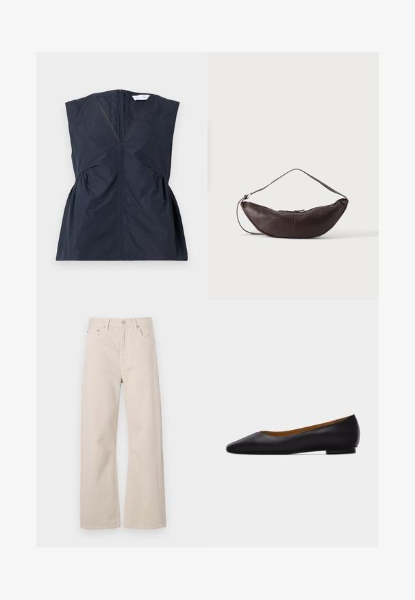 Débardeur sans manches bleu marine avec un décolleté en V, fermeture éclair à l'avant et détails froncés sur les côtés. Fabriqué en tissu léger et lisse avec un éclat subtil.; Jeans beige à jambes larges en coton, avec une taille haute, deux poches avant et une fermeture à bouton en métal.; Chaussure plate en cuir noir à bout pointu avec talon bas et finition lisse, vue de côté sur un fond gris clair.; Sac d'épaule en cuir marron foncé en forme de croissant avec une lanière courbée et des coutures visibles sur fond uni.