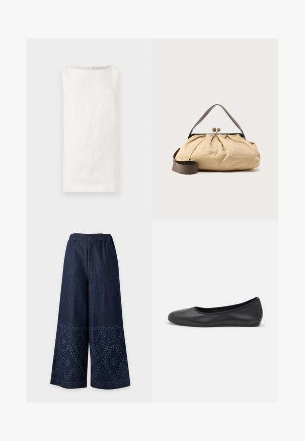 Ärmelloses Top aus weißem Leinen mit geradem Schnitt, Bootsausschnitt und ohne sichtbare Verschlüsse. Verfügt über einen weichen, strukturierten Stoff.; Weit geschnittene dunkelblaue Denim-Hose mit elastischem Bund und dezentem geometrischem Stickereimuster am Saum.; Schwarze Leder-Ballettschuhe mit abgerundeter Spitze, glatter Textur, minimalen Nähdetails und einem flexiblen Sohlen-Design.; Beige Stofftasche mit gerafftem Design, braunem Ledergriff und zwei runden metallischen Verschlüssen oben. Verstellbarer brauner Riemen inklusive.