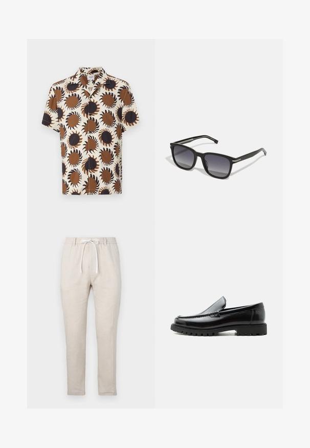 Chemise à manches courtes en tissu léger, présentant une base crème avec des motifs en forme de rayons de soleil marron et noir. Fermeture à boutons et col classique.; Pantalons en lin beige avec une coupe décontractée, taille élastique et fermeture à cordon. Design à jambe droite avec une texture lisse.; Mocassin en cuir noir avec semelle en caoutchouc épaisse, dessus cousu et nom de marque embossé sur le talon, présenté de profil sur fond blanc.; BOSS Lunettes de soleil - black