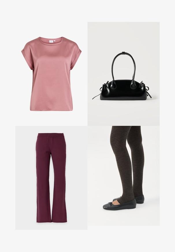 Blouse rose pâle à manches courtes avec poignets retroussés et encolure ronde, en tissu lisse et léger.; Pantalon droit de couleur bordeaux foncé uni avec une taille élastique, en tissu doux.; Jambes portant des leggings côtelés foncés associés à des ballerines noires avec de petits détails en nœud sur fond blanc.; Petit sac à main noir brillant avec deux longues anses et des détails à cordon sur les côtés sur un fond clair uni.