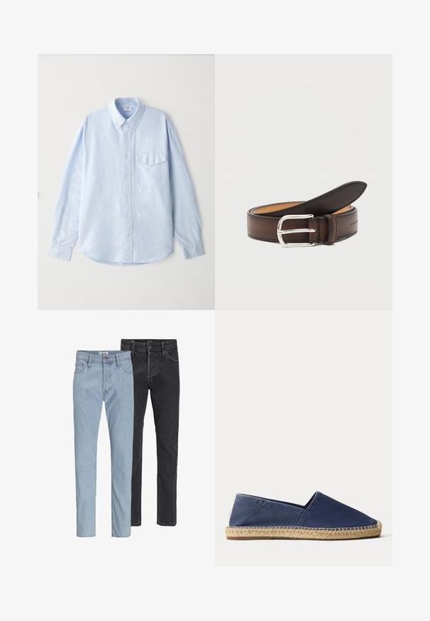 Lyseblå skjorte med knapper lavet af blødt stof, med klassisk krave, lange ærmer og en brystlomme med klap.; To par klassiske jeans med lige ben, en lyseblå og en sort, vist side om side på hvid baggrund.; Navyblå lærredsespadrille med naturlig vævet jutesål og lav hæl, vist fra siden på en hvid baggrund.; Mørkebrun læderbælte rullet sammen med sølv rektangulært spænde på hvid baggrund.