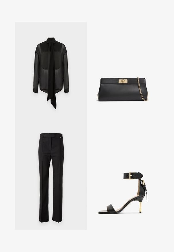 Blusa de gasa negra con lazo largo, cuello alto y mangas largas. Textura transparente con puños negros sólidos y dobladillo redondeado.; Pantalones negros ajustados con un diseño de pierna recta, que cuentan con una cinturilla con cierre de botón y aberturas en los laterales del dobladillo.; Sándal de tacón de cuero negro con punta cuadrada, correa en el tobillo con hebilla dorada y un tacón metálico esbelto. Textura suave, diseño minimalista.; Bolso de mano de cuero negro con cierre de giro metálico en tono dorado y una correa de hombro a juego con cadena dorada.