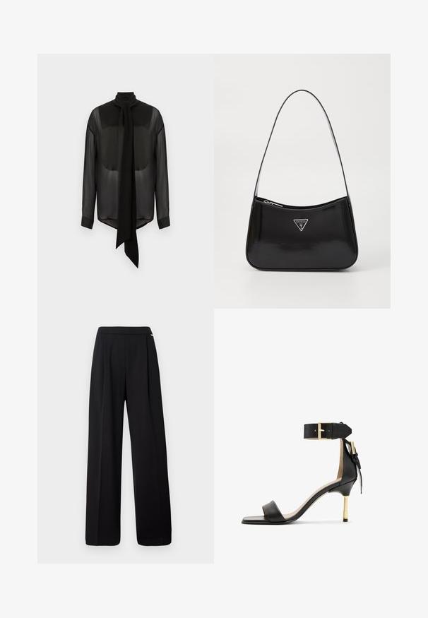 Sort chiffon bluse med lang sløjfe, høj krave og lange ærmer. Gennemsigtig tekstur med solide sorte manchetter og afrundet kant.; Sorte bukser med høj talje og vide ben, der har forreste sømme og en glat taljebånd, vist mod en hvid baggrund.; Sort læder hæl sandal med firkantet tå, ankelrem med en guldbuckle og en slank metallisk hæl. Glat tekstur, minimalistisk design.; Sort patenteret læder skuldertaske med en buet form, prydet med et sølvfarvet trekantet logo og en lynlås-lukning. Glat tekstur og slank rem.