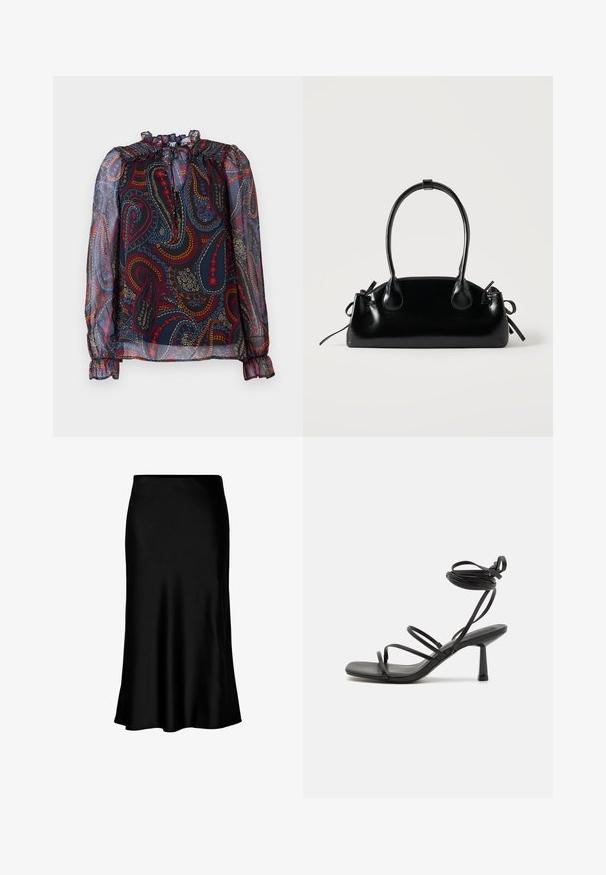 Gennemsigtig bluse med en flæsekrave og pufærmer. Har et flerfarvet paisley-mønster på en mørk baggrund. Elastiske manchetter.; Sort satin midi-nederdel med en glat tekstur, klokkeformet kant og en tætsiddende talje, der har et enkelt, klassisk design.; Sort strappy sandal med firkantet tå, justerbare ankelbind og en slank, blokhæl. Fremstillet af et glat, holdbart materiale.; Lille sort blank håndtaske med to lange håndtag og snøre-detaljer i siden på en ensfarvet lys baggrund.