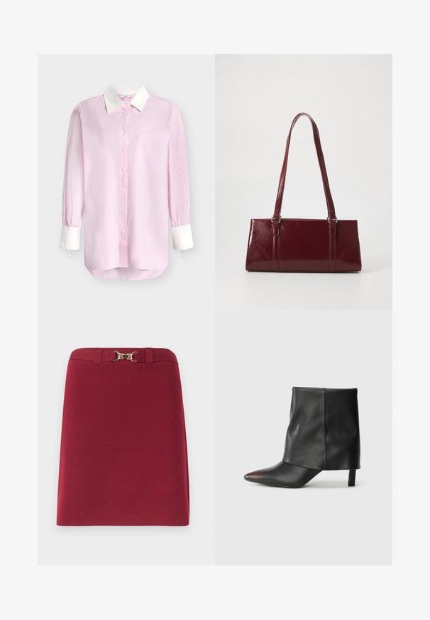 Chemise à manches longues à rayures verticales roses et blanches avec col blanc, poignets blancs, boutonnage sur le devant et poche poitrine avec bouton.; Jupe bordeaux longueur genou avec passants de ceinture et détail boucle mors dorée à la taille.; Bottine noire en cuir lisse avec un bout pointu et un talon effilé. La tige présente un design légèrement froncé.; Sac à main bordeaux en matériau brillant, de forme rectangulaire, avec deux anses et des accents légèrement courbés à l'avant.
