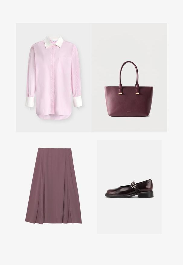 Chemise à manches longues à rayures verticales roses et blanches avec col blanc, poignets blancs, boutonnage sur le devant et poche poitrine avec bouton.; Une jupe longueur genou dans une couleur mauve atténuée, fabriquée en tissu léger avec un design plissé et une texture lisse. Aucun fermoir visible.; Chaussure Mary Jane unique brillante couleur bordeaux foncé avec une large bride et une boucle argentée, talon bloc bas et bout arrondi sur fond blanc.; Sac fourre-tout en cuir violet foncé avec deux poignées et petit logo de marque doré sur le devant, posé sur un fond clair uni.