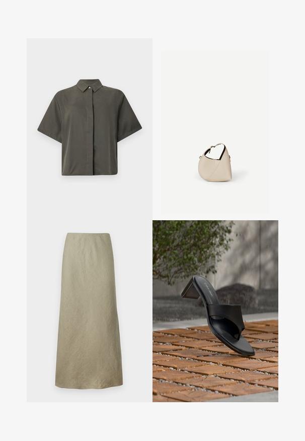 Chemise à manches courtes, boutonnée, de couleur vert olive foncé. Présente une texture lisse et mate avec un col classique et des détails matériels discrets.; Jupe évasée à longueur genou en tissu vert olive doux avec une texture subtile et sans fermetures ni embellissements visibles.; Sandale à talon noire Calvin Klein avec boucle pour l’orteil, posée sur un sol en carreaux de bois en extérieur, près d’un arbre et d’un mur en pierre.; Sac à main en cuir beige en forme de croissant avec une seule bandoulière et des coutures minimalistes, posé sur un fond blanc uni.