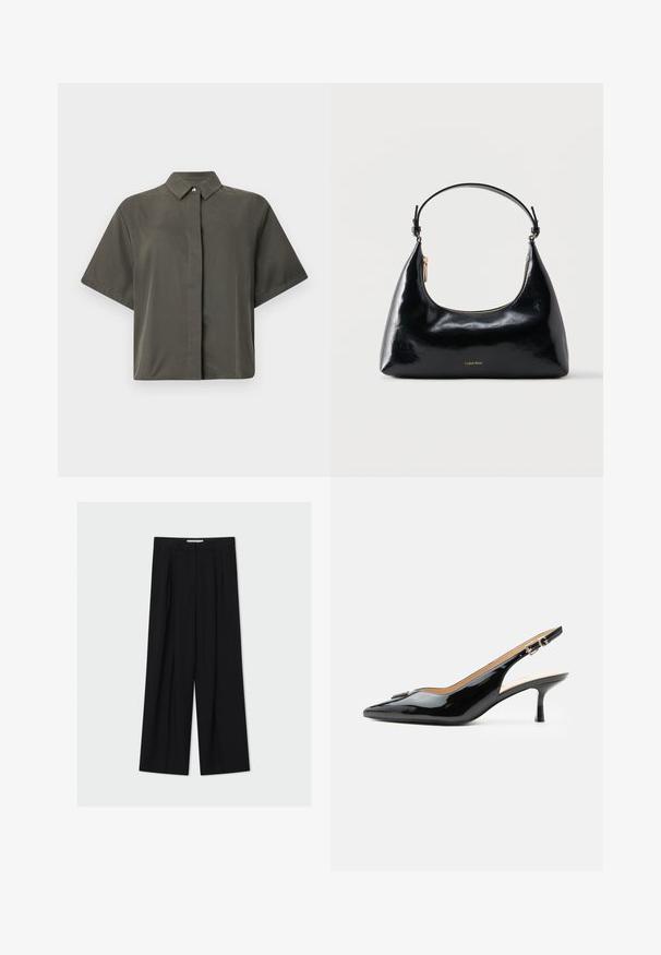 Chemise à manches courtes, boutonnée, de couleur vert olive foncé. Présente une texture lisse et mate avec un col classique et des détails matériels discrets.; Pantalon noir taille haute à jambes larges avec passants de ceinture et plis devant, présenté sur un fond gris clair.; Escarpin slingback en cuir verni noir avec bout pointu, petit talon kitten et bride à boucle argentée sur fond blanc uni.; Sac à main Calvin Klein noir brillant avec fermeture éclair dorée et anse courte sur fond blanc uni.