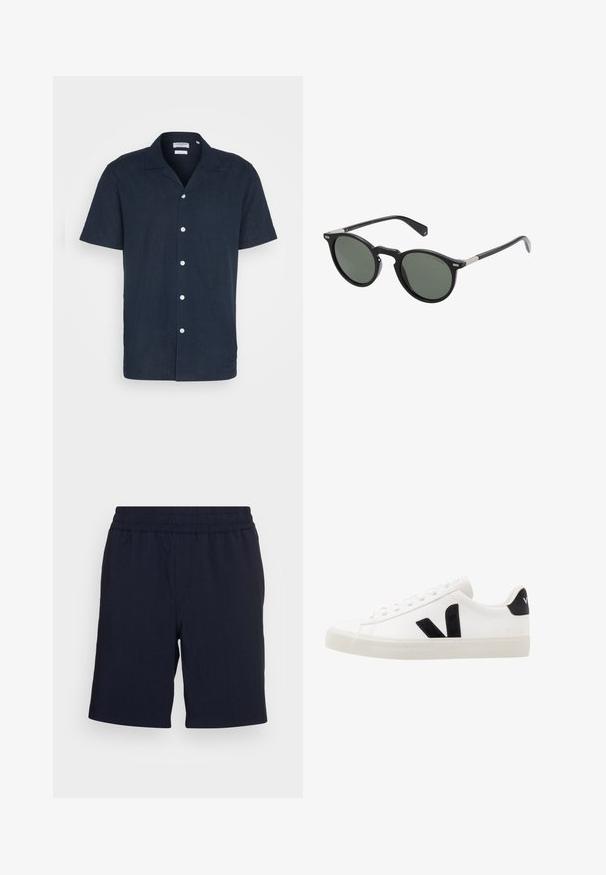 Chemise à manches courtes bleu marine à boutons en tissu léger, avec un col, six boutons blancs et une coupe décontractée.; Shorts bleu marine avec une taille élastique, fabriqués à partir d'un tissu doux, présentant des jambes droites et sans poches ni motifs visibles.; Sneaker blanche en cuir avec des accents en daim noir ; dispose d'une semelle en caoutchouc, d'un bout rond et d'un design classique à lacets. Logo latéral en noir.; Lunettes de soleil rondes noires avec des verres verts foncés, monture en plastique et accents en métal sur les branches. Texture lisse, design minimaliste.